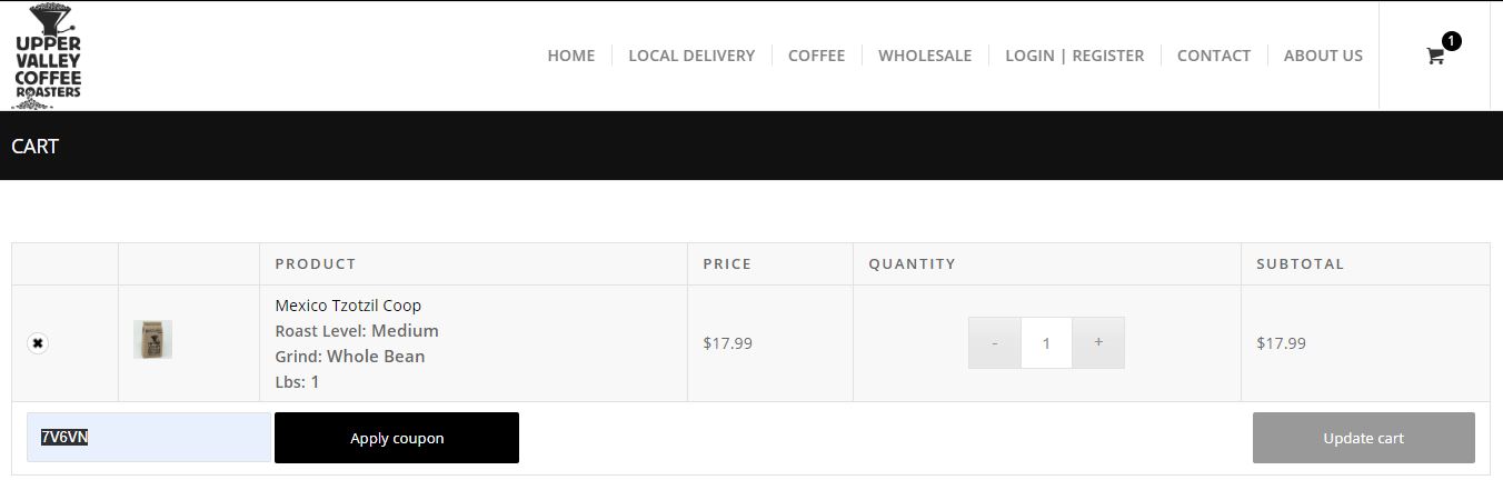 Screenshot of online cart page with one pound coffee in the cart and a Coupon code box to the bottom left to enter the Morning Brew Card code.