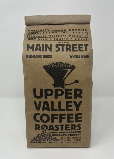 Main Street, Med-Dark Roast, Whole Bean in a brown craft bag
