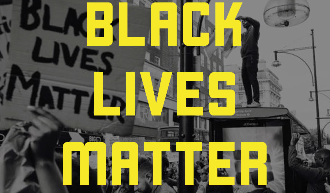 Black Lives Matter in yellow text over a background of Black protesters in the streets