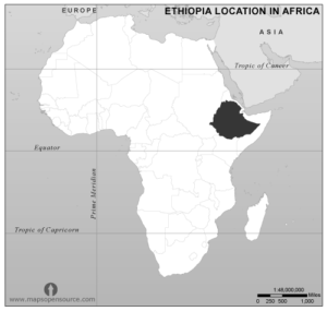 A square picture of the African continent that is white with grey lines outlining countries' borders. Ethiopia is shown in all black near the horn of Africa.